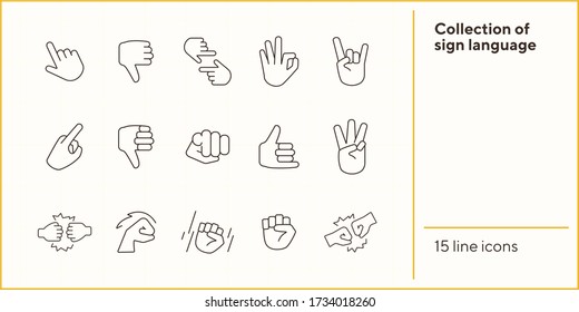 Collection of sign language thin line icons. Gesturing isolated sign pack. Gesture concept. Vector illustration symbol elements for web design