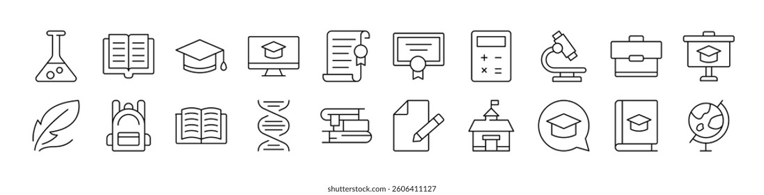 Collection of Signs of Briefcase, Microscope, Books Drawn with Thin Line for apps, web sites, banners, infographics and other types of design