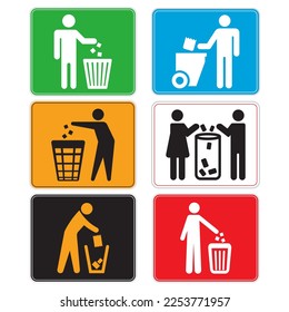 Collection of signs for cleanliness. Signs put trash in its place