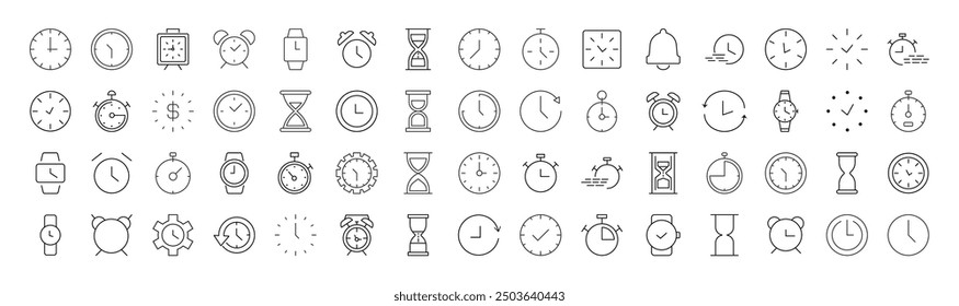 Collection of Signs of clock, alarm clock, hourglass. Suitable for books, stores, shops. Editable stroke in minimalistic outline style. Symbol for design