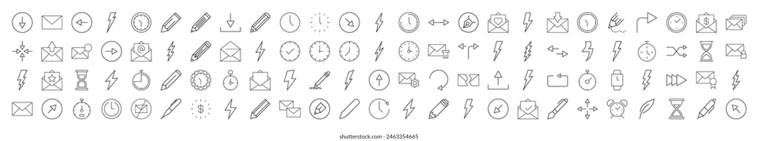 Colección de Señales de relojes, alumbrado, flechas, sobres, bolígrafos. Adecuado para libros, tiendas, tiendas. Trazo editable en estilo de contorno minimalista. Símbolo de diseño 