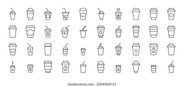 Collection of Signs of coffee, tea or other drinks in disposable cups. Suitable for books, stores, shops. Editable stroke in minimalistic outline style. Symbol for design