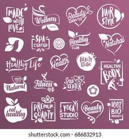 Collection of signs and elements for natural cosmetics and beauty products. Vector illustrations on a stylized background, for cosmetics, healthcare, spa and wellness. 