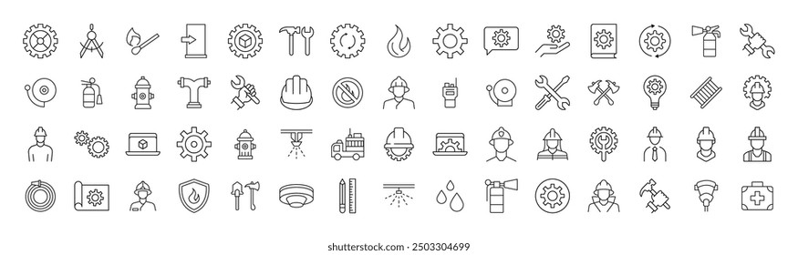 Collection of Signs of firefighter, engineer, builder. Suitable for books, stores, shops. Editable stroke in minimalistic outline style. Symbol for design