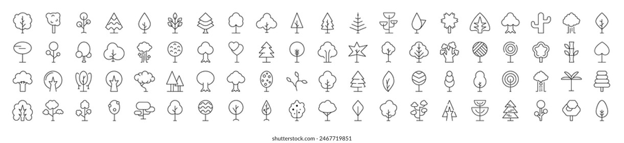 Collection of Signs of Forest, Wood, Trees. Suitable for books, stores, shops. Editable stroke in minimalistic outline style. Symbol for design 