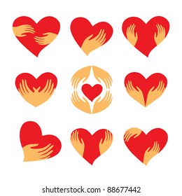 Collection of signs - heart in his hands. Character - love, care, caring, loyalty and support. Vector set.