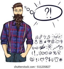 Collection of signs, icons. Speaking lumberman.  Worker style.