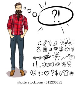 Collection of signs, icons. Speaking lumberman.  Worker style.