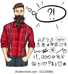Collection of signs, icons. Speaking lumberman.  Worker style.