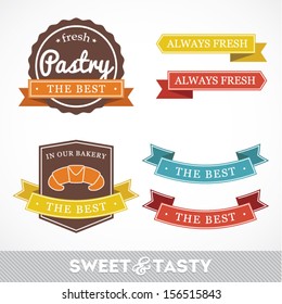 Collection of signs labels with BAKERY text and sweet pastry, pastry factory labels concept, vector illustration