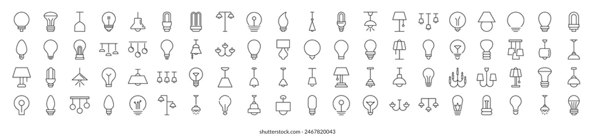 Collection of Signs of Lamps and Lustres. Suitable for books, stores, shops. Editable stroke in minimalistic outline style. Symbol for design 