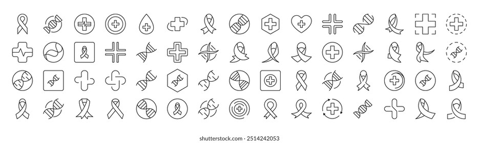 Collection of Signs of Medical Cross, Pink Ribbon, DNA Drawn with Thin Line for apps, web sites, banners, infographics and other types of design