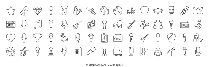 Collection of Signs of music, singer, microphone. Suitable for books, stores, shops. Editable stroke in minimalistic outline style. Symbol for design