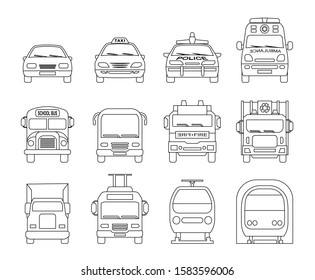 Collection of signs presenting different modes of transport on land. Set of front view line icons of police car, ambulance car, train, metro, taxi car, garbage collector, school bus, truck.