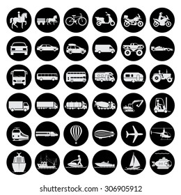 Collection of signs presenting different modes of transport on land, water and in the air. Vintage and modern means of transportation. Transportation icons. Vector illustration.