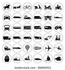 Collection of signs presenting different modes of transport on land, water and in the air. Vintage and modern means of transportation. Transportation icons. Vector illustration.