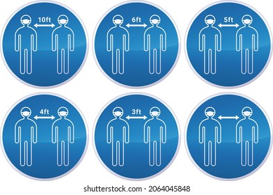 Collection of signs of social distancing and the wearing of the obligatory mask in foot (cutout)