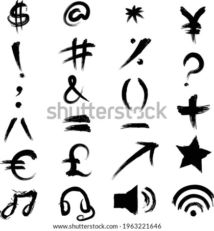 Collection of Signs Symbols Icons Vector Illustration in a brush stroke script. Black Icons on White Background. Cool Icons Set with All Icons. 