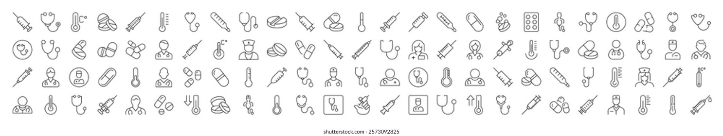 Collection of Signs of Syringe, Stethoscope, Pills, Thermometer, Doctor for apps, web sites, banners, infographics and other types of design 