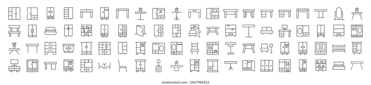 Kollektion der Zeichen der Tische und Schränke. Geeignet für Bücher, Geschäfte, Geschäfte. Bearbeitbarer Strich im minimalistischen Gliederungsstil. Symbol für Design 