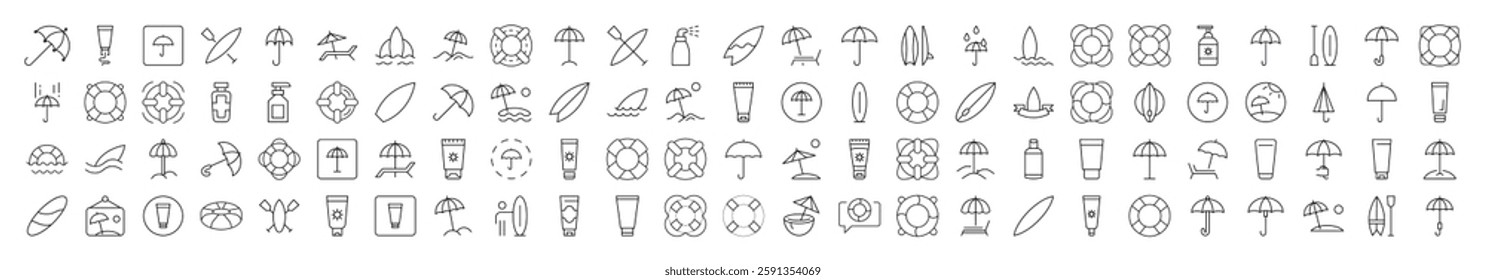 Collection of Signs of Umbrella, Sunscreen, Surfboard, Lifeline for apps, web sites, banners, infographics and other types of design 