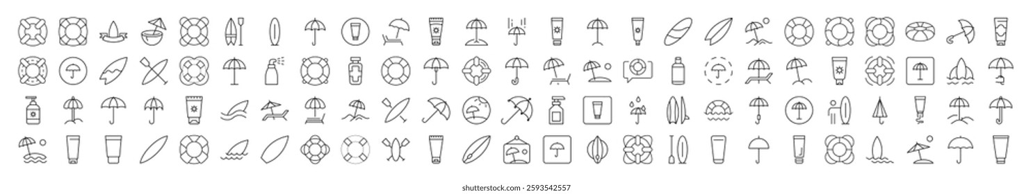 Collection of Signs of Umbrella, Sunscreen, Surfboard, Lifeline Drawn with Thin Line for apps, web sites, banners, infographics and other types of design