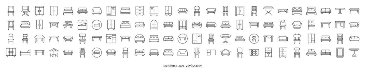 Collection of Signs of Wardrobe, Bed, Sofa, Table, Chair Drawn with Thin Line for apps, web sites, banners, infographics and other types of design