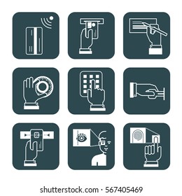 Collection of signs which describe usage of credit cards, safety system, self service cash registers and other public service machines.