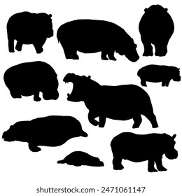 Collection of silhouette adult hippopotamus big mammal cartoon animal design vector illustration