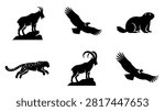 Collection of Silhouette Animals Including Ibex, Eagle, Marmot, and Snow Leopard