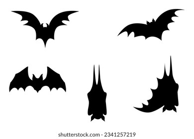 Collection of silhouette bats flying and hanging in five actions elements design on white background.