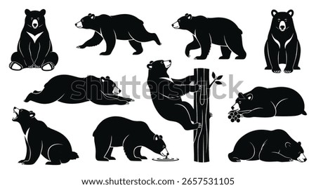 Collection of Silhouette Bear in Different Poses. Black Bear Isolated on White Background. Vector Illustration of Various Bear Activities