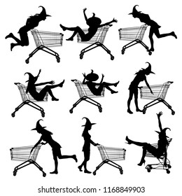 Collection of silhouette beautiful witch in hats with shopping cart, on isolated white background for design Halloween.