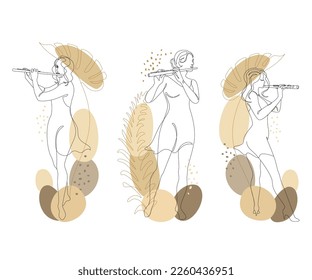 Collection. Silhouette of a beautiful woman with a flute and a leaf of a plant in a modern continuous line style. Flutist, slender. Outline decor, posters, stickers, logo. vector illustration set