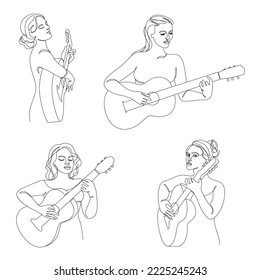 Collection. Silhouette of a beautiful woman with a guitar in a modern continuous line style. Girl guitarist, slender. Continuous line drawing, decor outline, posters, stickers, logo. Vector illustrati