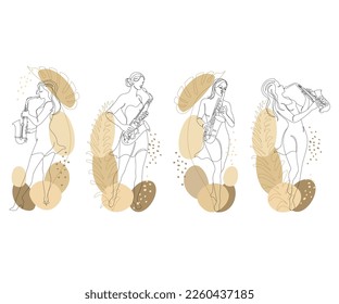 Collection. Silhouette of a beautiful woman playing the saxophone and leaves of a plant in a continuous modern style. Saxophonist girl. Decor sketches, posters, stickers, logo. Vector illustration set