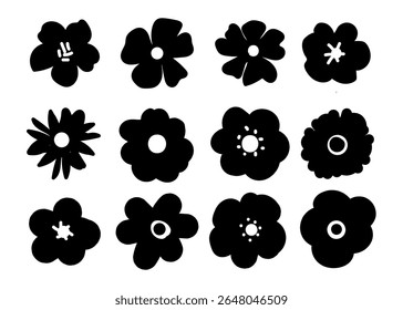 Coleção de silhueta ícone de flor preta, Conjunto de flores botânicas abstratas. Projeto floral de botânica vetorial.
