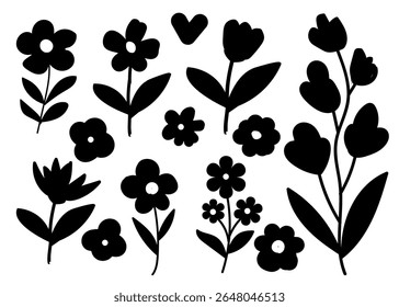 Coleção de silhueta ícone de flor preta, Conjunto de flores botânicas abstratas. Projeto floral de botânica vetorial.