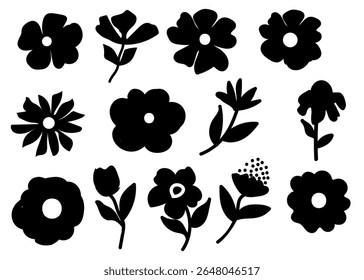 Coleção de silhueta ícone de flor preta, Conjunto de flores botânicas abstratas. Projeto floral de botânica vetorial.