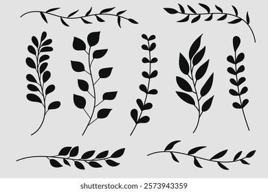 Collection of silhouette botanical line art featuring various plant stems and leaves.