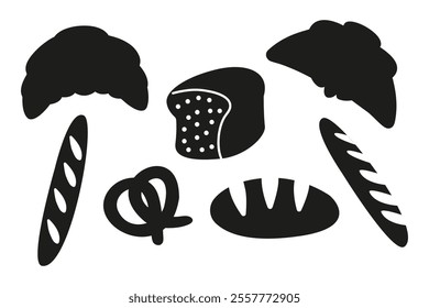 Collection silhouette of bread croissant baguette pastries French cuisine 