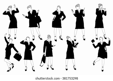 Collection of silhouette business woman. Young woman standing in various poses.