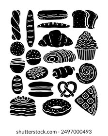 Collection of Silhouette cartoon doodle of Bakery bread, Vector, Illustration.