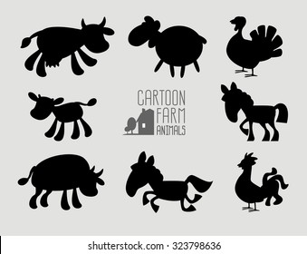 Collection silhouette cartoon farm animals: horse, sheep, cow, bull, turkey, chicken