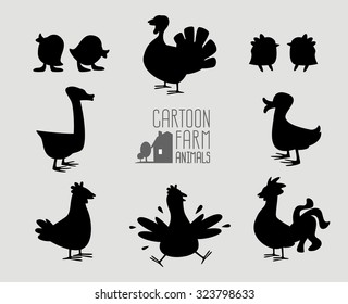 Collection silhouette cartoon farm birds: duck, goose, chicken, rooster, turkey