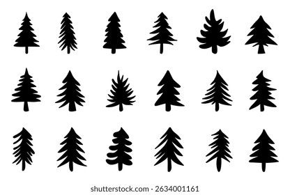 Collection of Silhouette Christmas trees or pine trees flat Icon style. Can be used to illustrate any nature or healthy lifestyle topic.