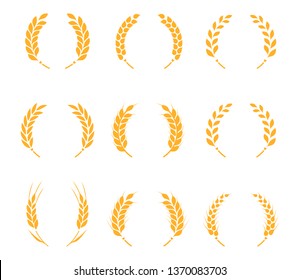 Collection of silhouette circular laurel foliate, wheat and oak wreaths depicting an award, achievement, heraldry, nobility.