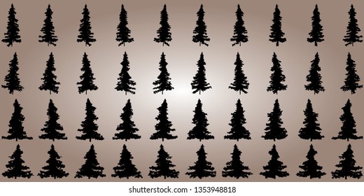 The collection of silhouette of coniferous trees, pine and spruce.