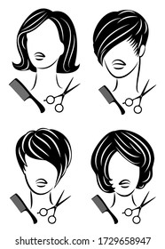 Collection. Silhouette of a cute lady. The girl shows a hairstyle on medium and short hair and scissors. Suitable for logo, hairdresser advertising. Vector illustration set.