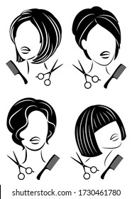 Collection. Silhouette of a cute lady. The girl shows a hairstyle on medium and short hair and scissors. Suitable for logo, hairdresser advertising. Vector illustration set.